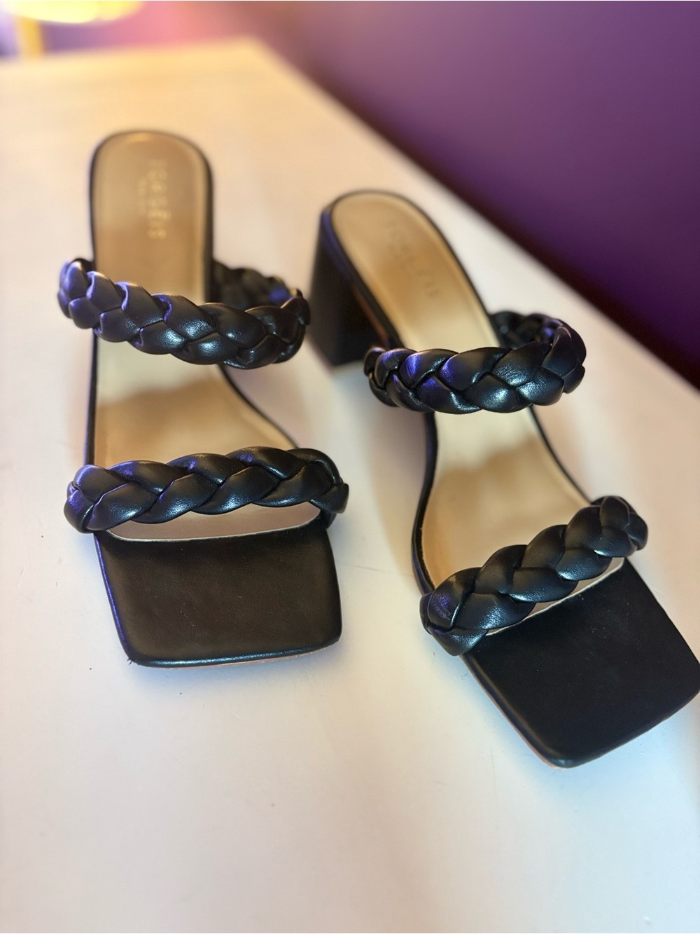 Braided Double-Strap Black Women's Block Heel Sandals